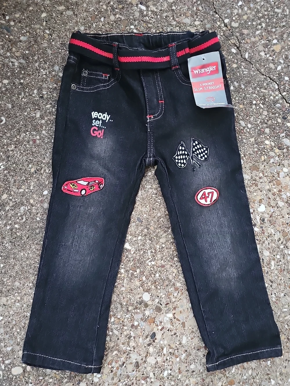 Wrangler Black 5 Pocket Slim Straight Jeans Red Racing Patch Belt 3T Toddler NWT